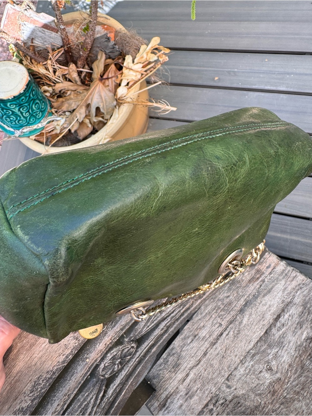 Furla Dark Green Leather Crossbody with Gold Chain - Picture 9 of 10